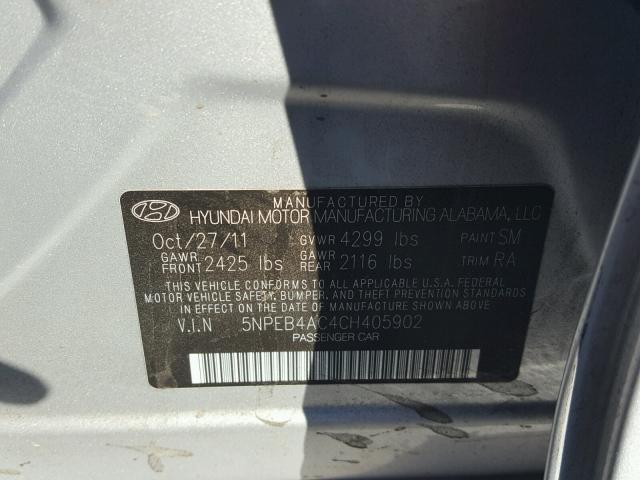 5NPEB4AC4CH405902 - 2012 HYUNDAI SONATA GLS SILVER photo 10