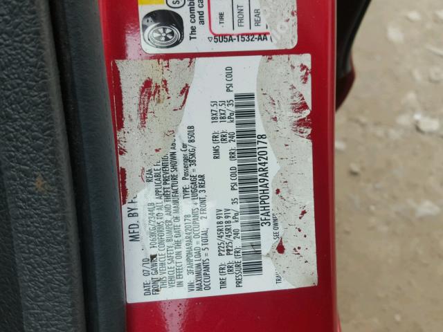 3FAHP0HA9AR420178 - 2010 FORD FUSION SE RED photo 10