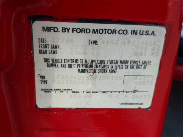 1FABP40E3JF180490 - 1988 FORD MUSTANG LX RED photo 10