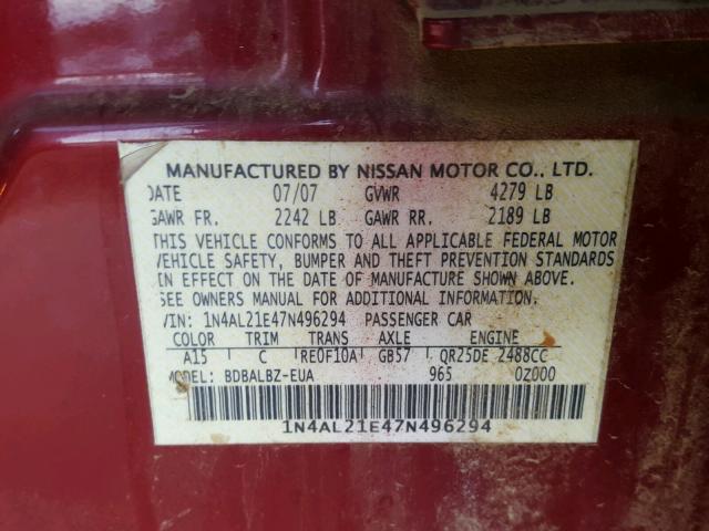 1N4AL21E47N496294 - 2007 NISSAN ALTIMA 2.5 RED photo 10