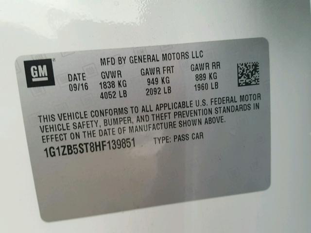 1G1ZB5ST8HF139851 - 2017 CHEVROLET MALIBU LS თეთრი ფოტო 10