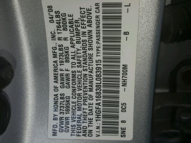 1HGFA16838L083915 - 2008 HONDA CIVIC EX SILVER photo 10