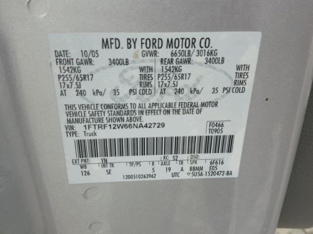 1FTRF12W66NA42729 - 2006 FORD F150 SILVER photo 10