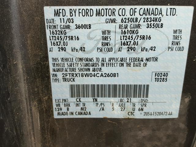 2FTRX18W04CA26081 - 2004 FORD F-150 HERI GRAY photo 10