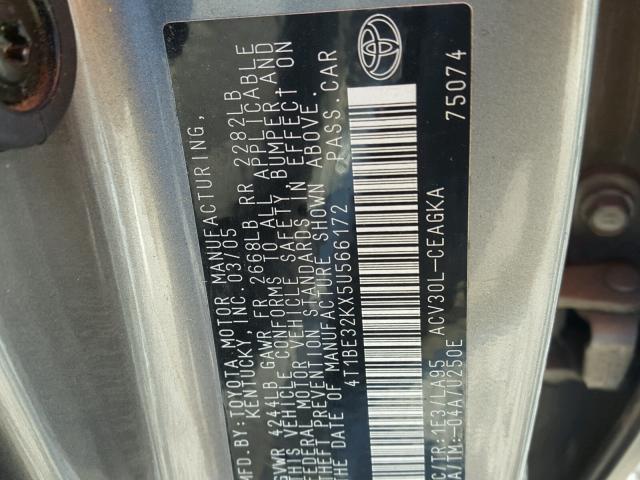 4T1BE32KX5U566172 - 2005 TOYOTA CAMRY LE 灰色 照片 10