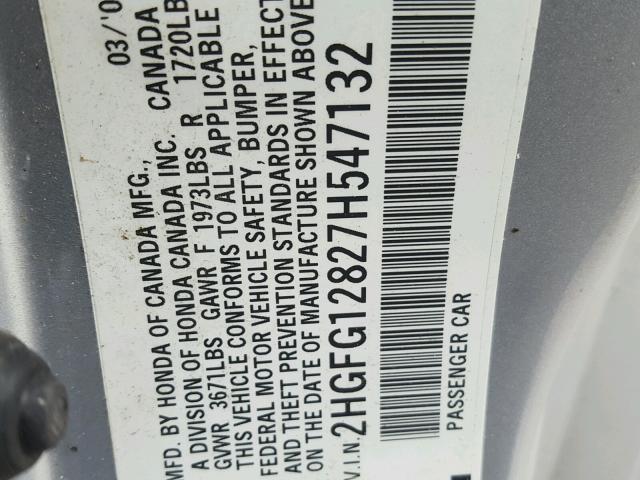 2HGFG12827H547132 - 2007 HONDA CIVIC EX SILVER photo 10