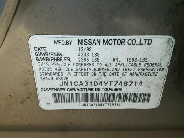 JN1CA31D4YT748714 - 2000 NISSAN MAXIMA GLE GRAY photo 10