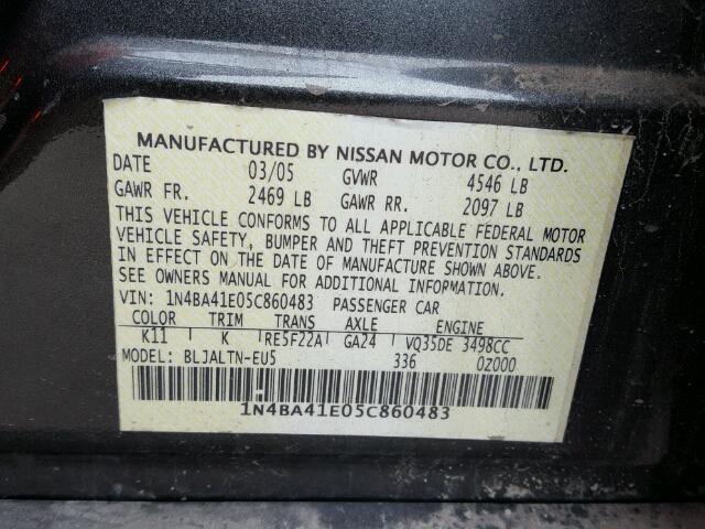 1N4BA41E05C860483 - 2005 NISSAN MAXIMA SE CHARCOAL photo 10