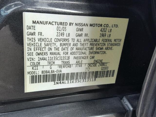 1N4AL11E35C313518 - 2005 NISSAN ALTIMA GRAY photo 10