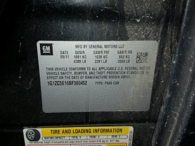 1G1ZC5E16BF380452 - 2011 CHEVROLET MALIBU 1LT BLACK photo 10