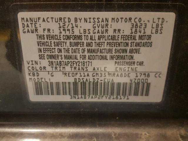 3N1AB7AP2FY218171 - 2015 NISSAN SENTRA S GRAY photo 10