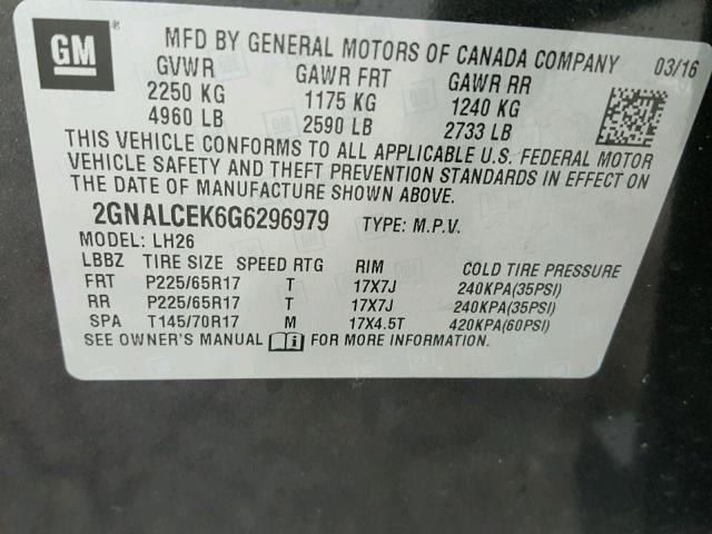 2GNALCEK6G6296979 - 2016 CHEVROLET EQUINOX LT GRAY photo 10