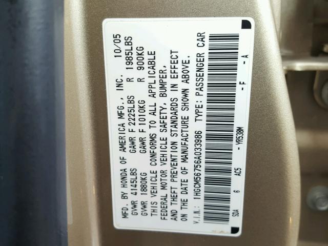 1HGCM56756A033986 - 2006 HONDA ACCORD EX GOLD photo 10