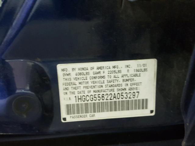 1HGCG55622A053297 - 2002 HONDA ACCORD EX BLUE photo 10