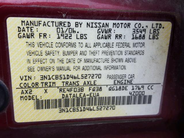 3N1CB51D46L527270 - 2006 NISSAN SENTRA 1.8 MAROON photo 10