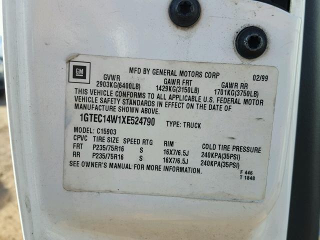 1GTEC14W1XE524790 - 1999 GMC NEW SIERRA WHITE photo 10