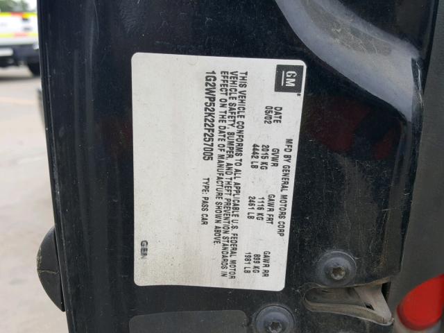 1G2WP52K22F257005 - 2002 PONTIAC GRAND PRIX BLACK photo 10