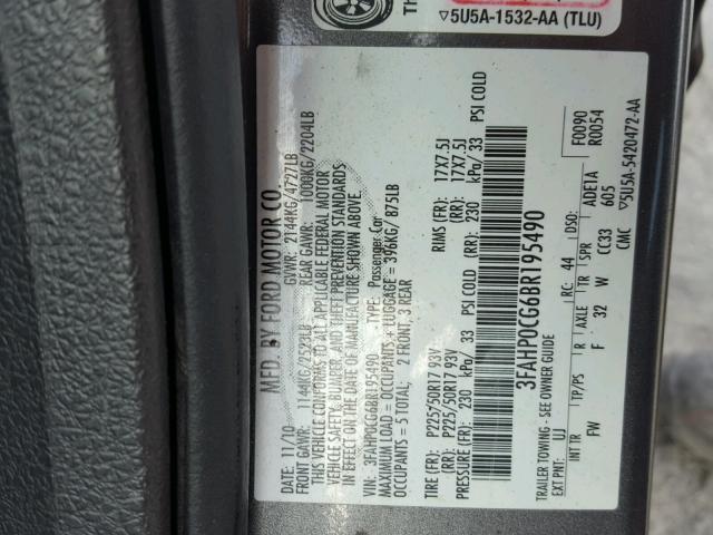 3FAHP0CG6BR195490 - 2011 FORD FUSION SEL GRAY photo 10