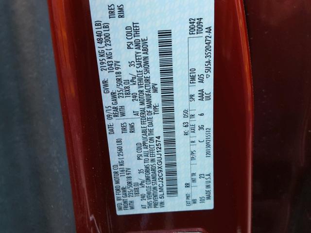 5LMCJ2C9XGUJ12574 - 2016 LINCOLN MKC SELECT 红色 照片 10