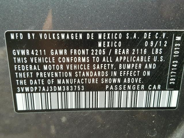 3VWDP7AJ3DM383753 - 2013 VOLKSWAGEN JETTA SE 灰色 照片 10
