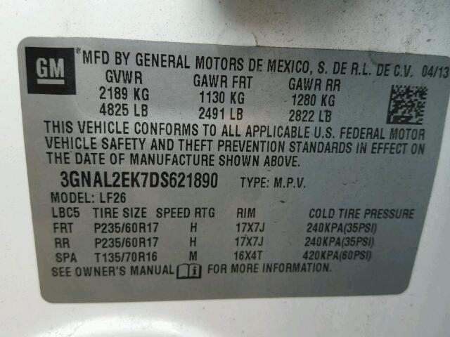 3GNAL2EK7DS621890 - 2013 CHEVROLET CAPTIVA LS 白色 照片 10