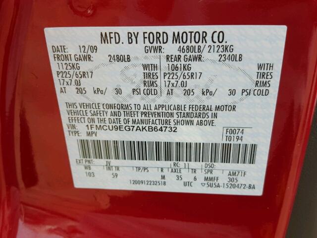 1FMCU9EG7AKB64732 - 2010 FORD ESCAPE LIM RED photo 10