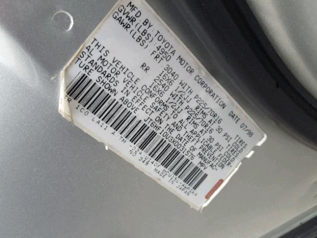 JT6HF10U3X0031576 - 1999 LEXUS RX 300 SILVER photo 10