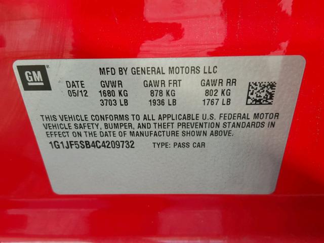 1G1JF5SB4C4209732 - 2012 CHEVROLET SONIC LTZ RED photo 10