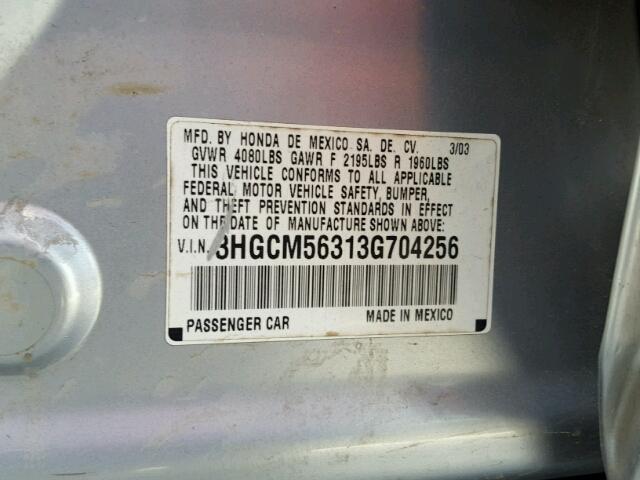 3HGCM56313G704256 - 2003 HONDA ACCORD LX SILVER photo 10