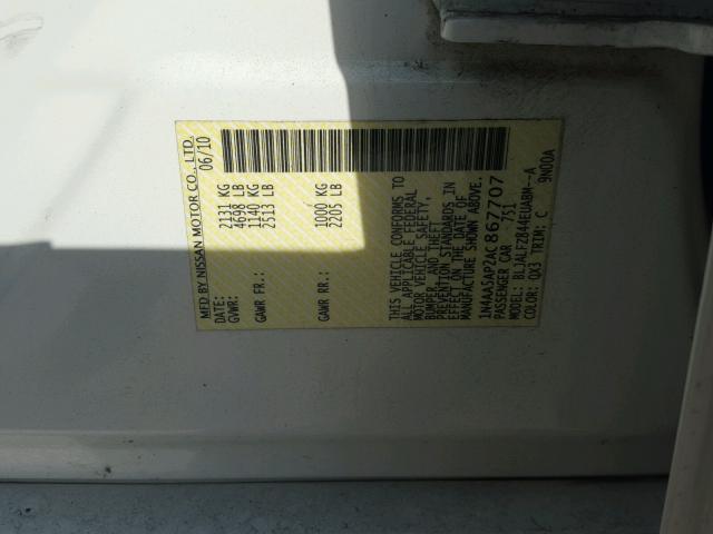 1N4AA5AP2AC867707 - 2010 NISSAN MAXIMA WHITE photo 10