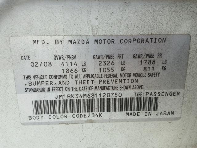 JM1BK34M681120750 - 2008 MAZDA SPEED WHITE photo 10