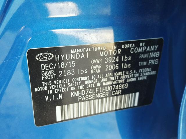 KMHD74LF1HU074869 - 2017 HYUNDAI ELANTRA SE BLUE photo 10