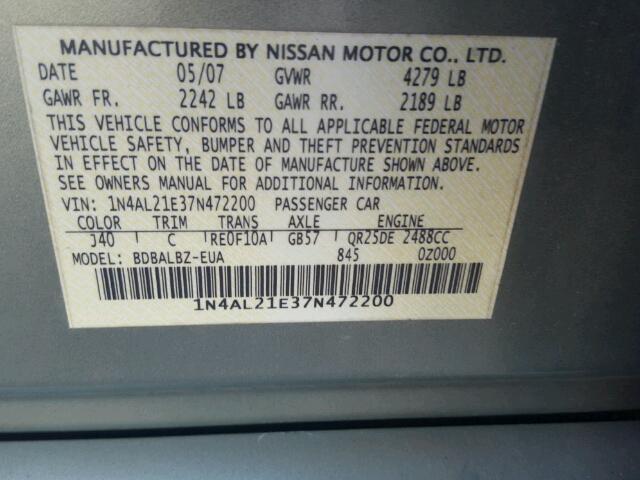 1N4AL21E37N472200 - 2007 NISSAN ALTIMA 2.5 GREEN photo 10