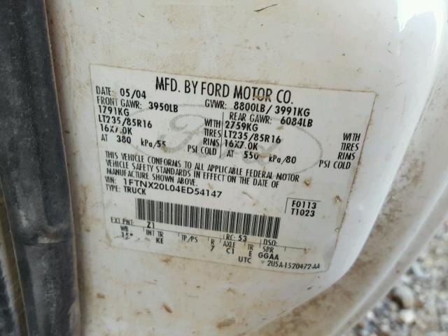 1FTNX20L04ED54147 - 2004 FORD F250 WHITE photo 10