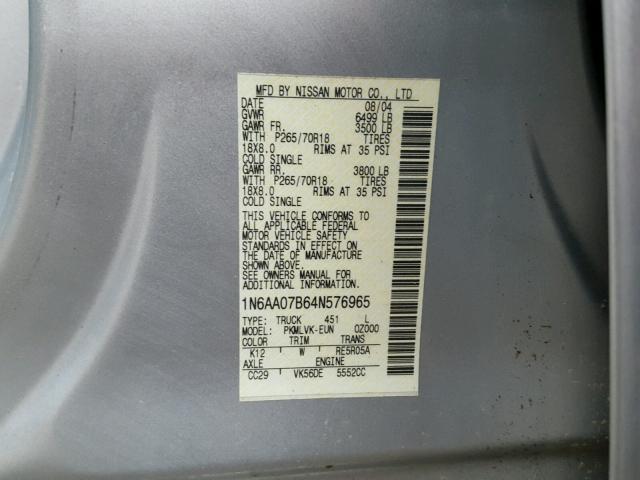 1N6AA07B64N576965 - 2004 NISSAN TITAN XE SILVER photo 10