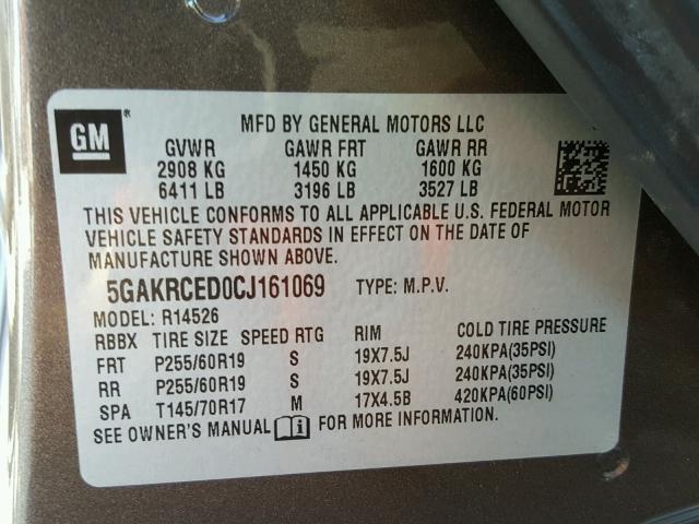 5GAKRCED0CJ161069 - 2012 BUICK ENCLAVE BROWN photo 10