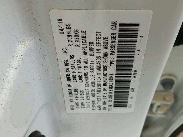 19UUB1F5XGA010948 - 2016 ACURA TLX TECH WHITE photo 10