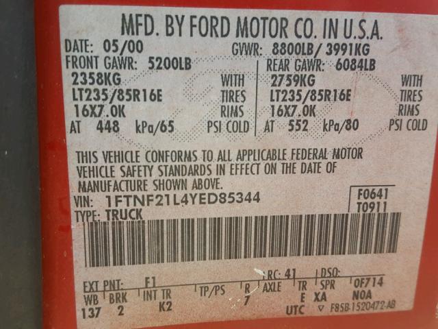 1FTNF21L4YED85344 - 2000 FORD F250 SUPER RED photo 10