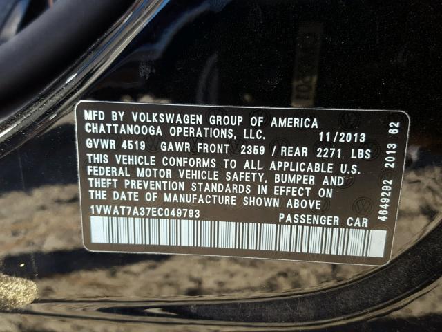 1VWAT7A37EC049793 - 2014 VOLKSWAGEN PASSAT S შავი ფოტო 10