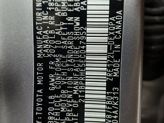 2T1BPRHE5EC047952 - 2014 TOYOTA COROLLA EC 灰色 照片 10