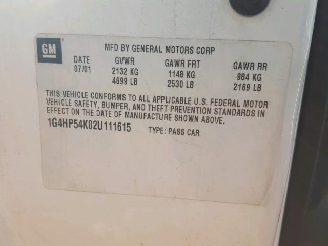 1G4HP54K02U111615 - 2002 BUICK LESABRE CU WHITE photo 10