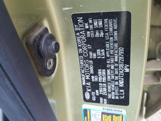 KNDJT2A20B7287910 - 2011 KIA SOUL GREEN photo 10