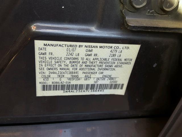 1N4AL21EX7C166445 - 2007 NISSAN ALTIMA 2.5 GRAY photo 10