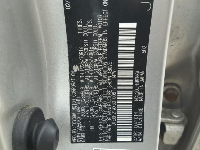 JTEGF21AX30100817 - 2003 TOYOTA HIGHLANDER SILVER photo 10