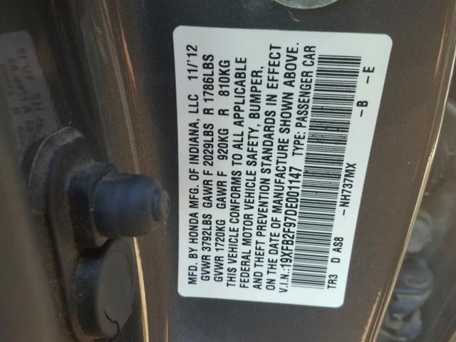 19XFB2F97DE001147 - 2013 HONDA CIVIC EXL 灰色 照片 10