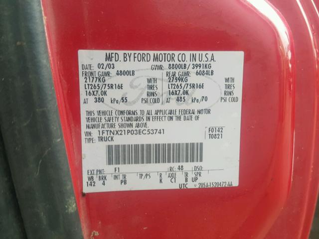 1FTNX21P03EC53741 - 2003 FORD F250 SUPER RED photo 10