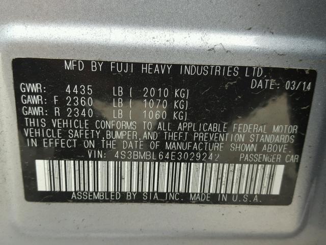 4S3BMBL64E3029242 - 2014 SUBARU LEGACY 2.5 GRAY photo 10