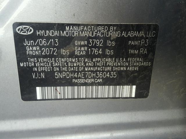 5NPDH4AE7DH360435 - 2013 HYUNDAI ELANTRA GL GRAY photo 10