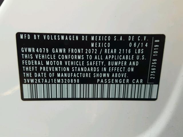 3VW2K7AJ1EM320898 - 2014 VOLKSWAGEN JETTA BASE WHITE photo 10