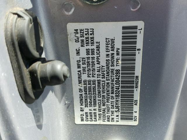 5J6YH18324L004288 - 2004 HONDA ELEMENT LX SILVER photo 10